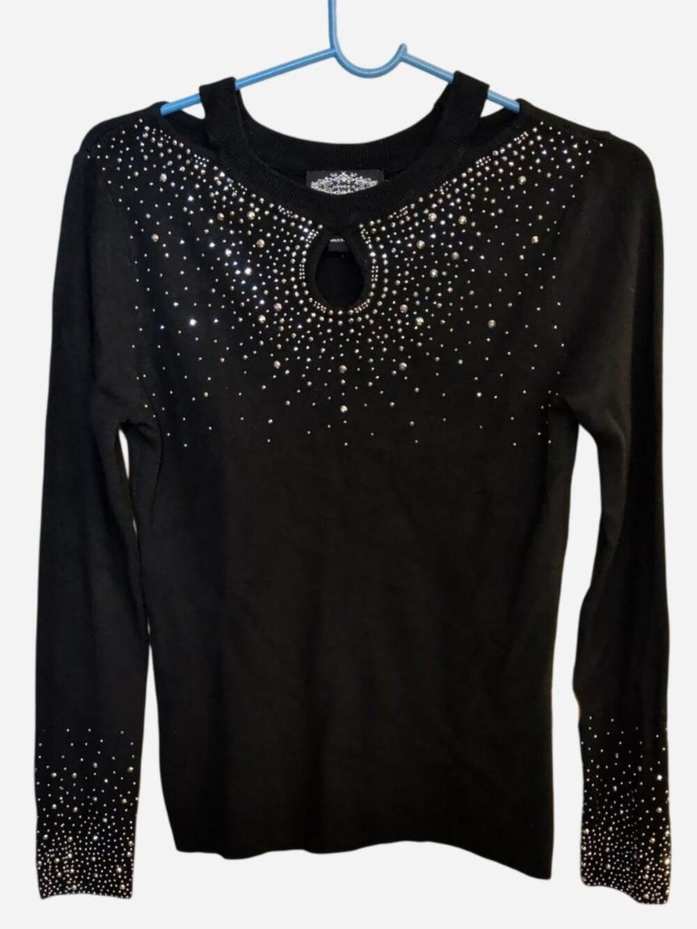 OLIVER.O by Anthropologie Black Rhinestone Jeweled Keyhole Rib Knit Sweater L